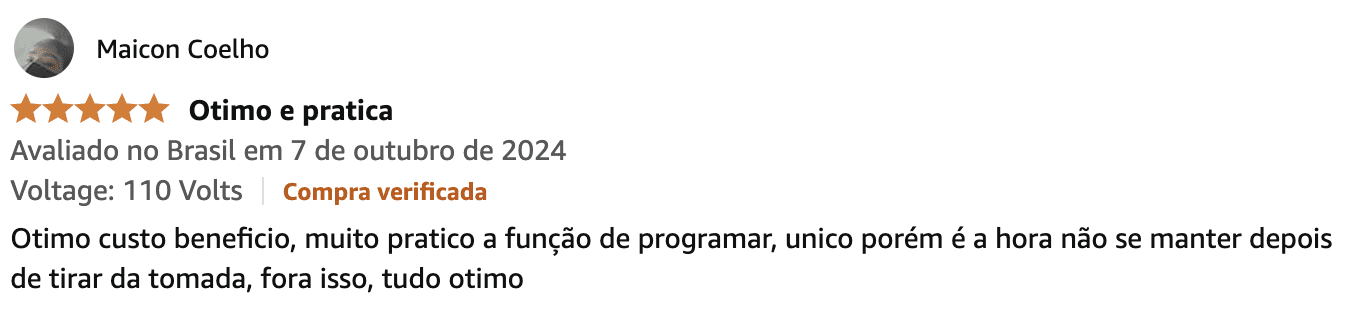 Comentário positivo de um comprador sobre uma cafeteira